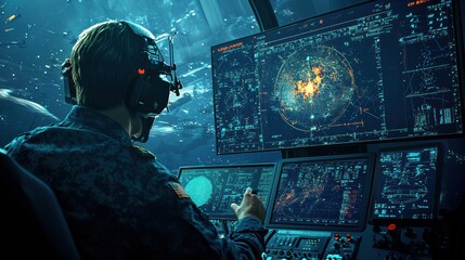 Poster - Commanding officer monitoring live drone footage on a standard naval operations center video surveillance underwater environment tactical viewpoint military strategy