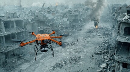 Aufkleber - Drone with improvised rocket system navigating through urban ruins war-torn environment aerial view futuristic technology concept