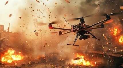 Poster - Explosive drone attack simulation urban environment action sequence technology showcase aerial view homemade quadcopter concept for military applications