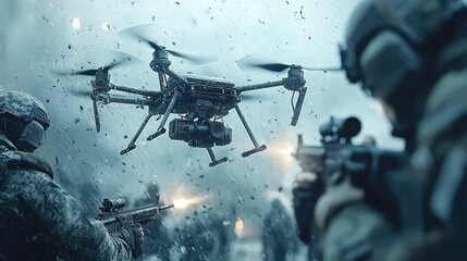 Poster - Innovative deployment of quadcopter weaponry in tactical operations urban combat zones video analysis military environments strategic perspective advanced technology applications for enhanced warfare