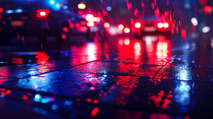 Poster - A close-up view of wet pavement reflecting vibrant red and blue police lights during a rainy night, creating a dramatic urban scene for night photography.