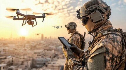 Leinwandbilder - Military reconnaissance team deploying small handheld aeac standard urban landscape action scene technology focus aerial view for enhanced surveillance insights