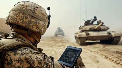 Leinwandbilder - Remote-controlled drone neutralizing a tank from a standard position military operation video footage desert environment tactical viewpoint advanced warfare concept