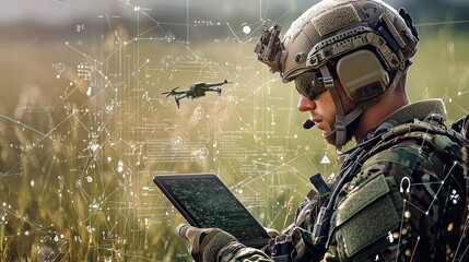 Poster - Soldier analyzing enemy movement through drone visual standards in tactical operations military environment aerial surveillance perspective strategic insights
