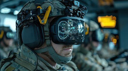Poster - Soldier using augmented reality goggles to control tactical operations in military training environment from a close-up perspective