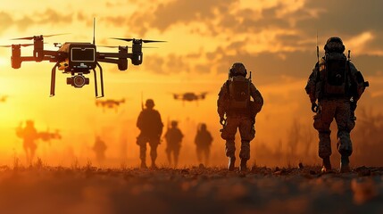 Fototapete - Soldiers coordinating with autonomous drones for strategic operations military training ground multimedia content tactical environment ground-level perspective advanced warfare integration
