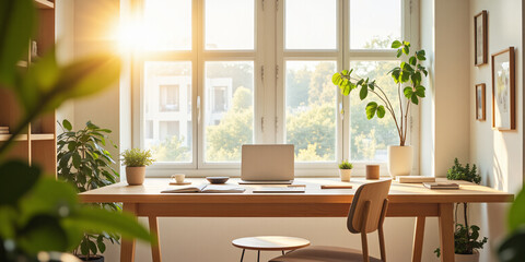 Poster - A bright and airy home office with a wooden desk, laptop, and various plants bathed in sunlight streaming through large windows for a serene working environment.