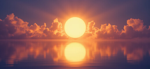 Poster - A stunning sunset over calm waters, with the sun casting golden rays and colorful clouds reflecting on the surface, creating a tranquil coastal scene for relaxation.