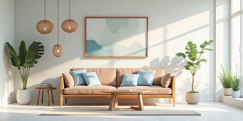 Poster - A stylish living room with a beige sofa and colorful cushions, adorned with hanging lanterns and plants, creating a warm and inviting space for relaxation.