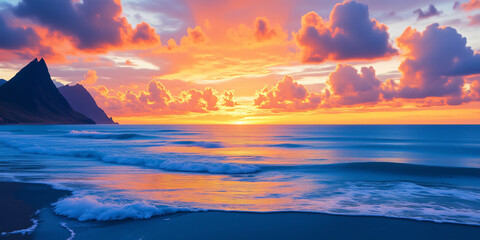 Poster - A breathtaking view of a sunset over the ocean, with vibrant colors reflecting on the water and dramatic clouds, creating a picturesque coastal scene.