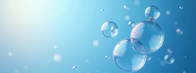 Poster - A close-up view of bubbles floating against a soft blue background, illuminated by sunlight, creating a refreshing and playful aesthetic for design elements.
