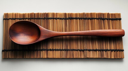 Wall Mural - A wooden spoon rests on a textured mat, showcasing craftsmanship and culinary tools.