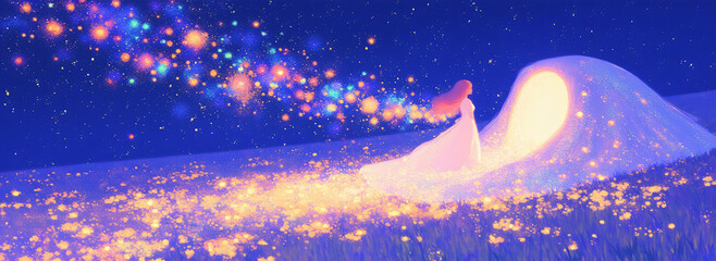 Poster - An enchanting illustration featuring a woman in a flowing white dress, surrounded by a magical landscape filled with glowing flowers and sparkles, evoking a dreamy and whimsical atmosphere for fantasy