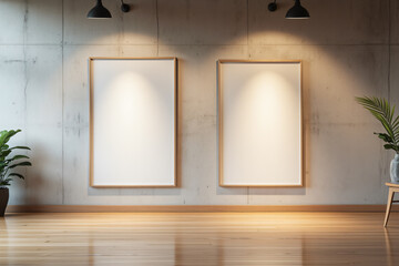 Poster - A modern art gallery interior showcasing two blank frames on a concrete wall with natural light streaming in, creating an inviting space for artistic displays and exhibitions.