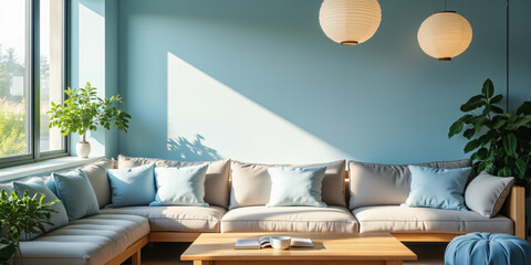 Poster - A cozy living room with a blue accent wall, featuring a comfortable sofa, decorative cushions, and soft lighting, creating a welcoming space for relaxation and gatherings.