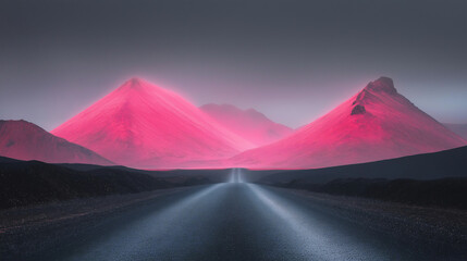 Minimalist landscape road towards misty Icelandic mountains vibrant pink twilight dramatic contrasts natural serenity surreal scenic Nordic environment cold crisp self explore wallpaper backdrop