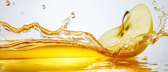 Aufkleber - wave of apple juice splashes energetically against white background, capturing freshness and vibrancy of fruit. dynamic motion and vivid colors create refreshing scene