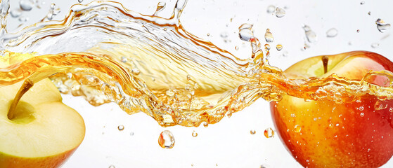Aufkleber - dynamic splash of apple juice flows between two fresh apples on white background, capturing essence of freshness and vitality