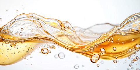 Poster - wave of golden liquid with bubbles flows gracefully on white background, creating dynamic and refreshing visual