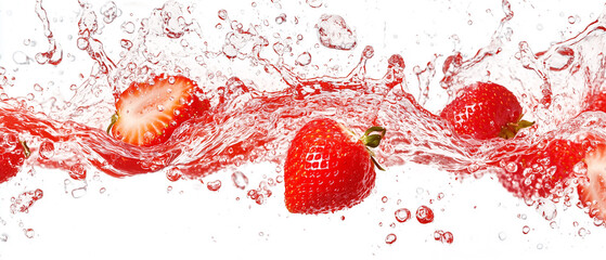 Aufkleber - Fresh strawberries splash in vibrant juice against white background, creating dynamic and refreshing scene. vivid red of fruit contrasts beautifully with clear liquid, evoking sense of freshness and