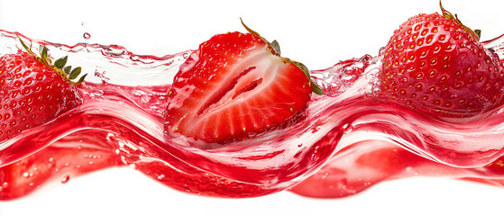 Aufkleber - Fresh strawberries splash in vibrant red juice on white background, creating dynamic and refreshing scene