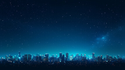 Poster - vibrant nighttime city skyline glows under starry sky, showcasing beauty of urban life and peak energy generation. illuminated buildings create stunning contrast against dark night