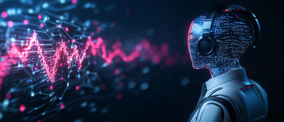 Aufkleber - futuristic digital assistant with headphones interprets data in virtual environment, surrounded by glowing lines and binary code, showcasing advanced technology and artificial intelligence