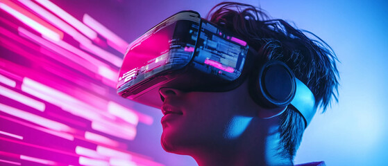 Aufkleber - person wearing virtual reality headset is immersed in vibrant digital world with neon lights and futuristic elements. scene conveys sense of innovation and technology