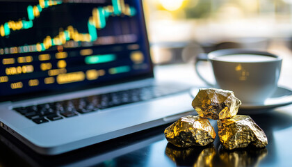Aufkleber - modern office desk with laptop displaying gold investment data, next to cup of coffee and gold nuggets, creating professional and focused atmosphere