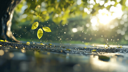Poster - serene landscape with sunlight filtering through leaves, creating peaceful atmosphere with water droplets glistening in air