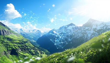 Poster - serene nature scene with lush green mountains and digital network symbols in sky, blending technology with natural world under bright blue sky