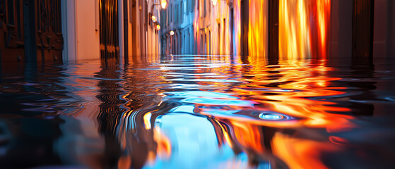Poster - vibrant cityscape reflects in rippling water, creating mesmerizing blend of colors and lights. scene captures essence of urban life with surreal, dreamlike quality