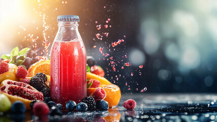 Aufkleber - vibrant sports drink bottle surrounded by fresh fruits and splashes of energy, creating refreshing and dynamic scene. colorful composition highlights natural ingredients