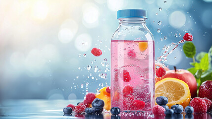 Poster - vibrant sports drink bottle with splashes of energy, surrounded by fresh fruits like raspberries, blueberries, and lemon, creating refreshing and dynamic scene