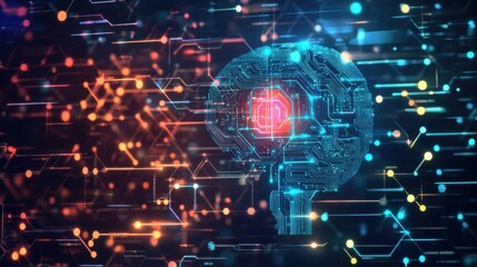 Poster - Futuristic Digital Brain with Circuit Pattern and Colorful Lights