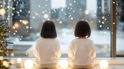 Two children sit on the floor with their backs to the camera, dressed in white Christmas sweaters. They look out the window at a snowy cityscape with twinkling lights around them