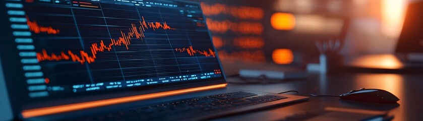 Poster - Trendy laptop displaying stock market trends and financial graphs in an office environment, ideal for tech themes.