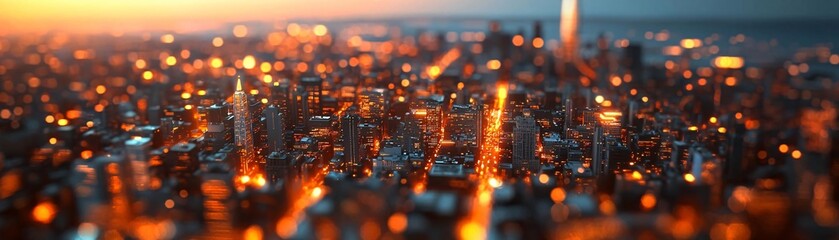 Poster - A stunning aerial view of a vibrant cityscape illuminated at dusk, showcasing the intricate lights of tall buildings.