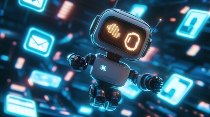 Poster - Cute Robot with Digital Icons Background in Futuristic Scene