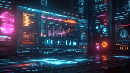 Poster - Futuristic Data Interface with Neon Lights and Digital Graphics