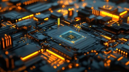 Poster - Futuristic Circuit Board with Glowing Elements and Digital Patterns