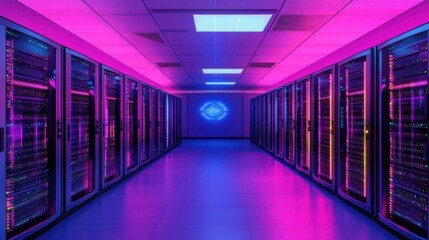 Poster - Futuristic Data Center with Neon Lighting and Server Racks
