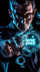 Aufkleber - A Man Interacting with a Futuristic Hologram Displaying 2025, Envisioning Technological Advancements and Future Innovations
