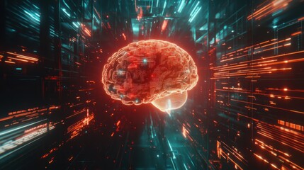 Poster - Futuristic Digital Brain Concept with Neon Lights and Data Streams