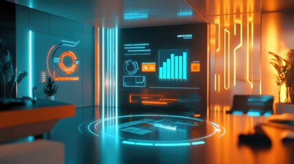 Poster - Futuristic Office Space with Digital Interface and Neon Lights