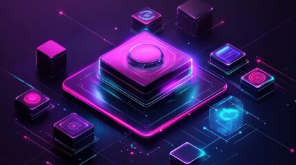Poster - Futuristic Neon Interface with Bright Tiles and Glowing Elements