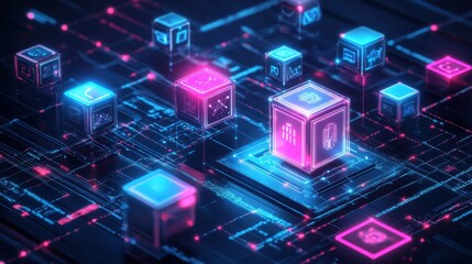 Poster - Futuristic Digital Blocks with Glowing Neon Elements on Circuit Board