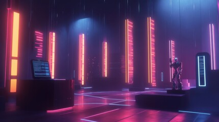 Poster - Futuristic Technology Hub with Neon Lights and Robot in Dark Space
