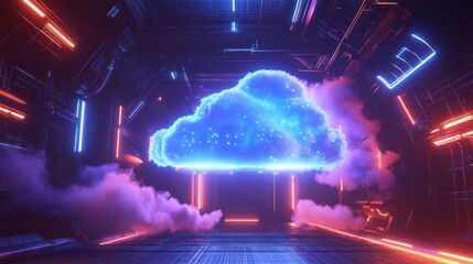 Poster - Futuristic Neon Cloud in a Sci-Fi Setting with Digital Elements
