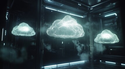 Poster - Futuristic Cloud Computers in Digital Space with Neon Lights